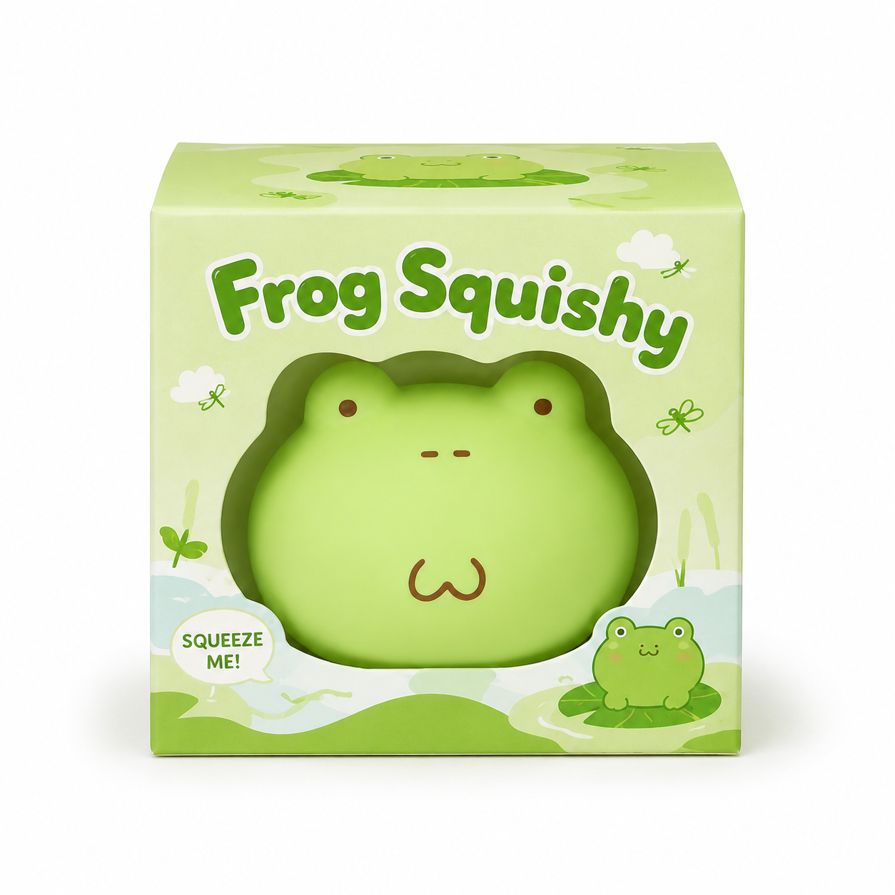 Frog Squishy packaging box front view with window squeeze me