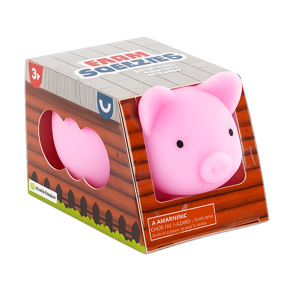 Farm Squeezies Pig pink squishy pig peeking out of open packaging box