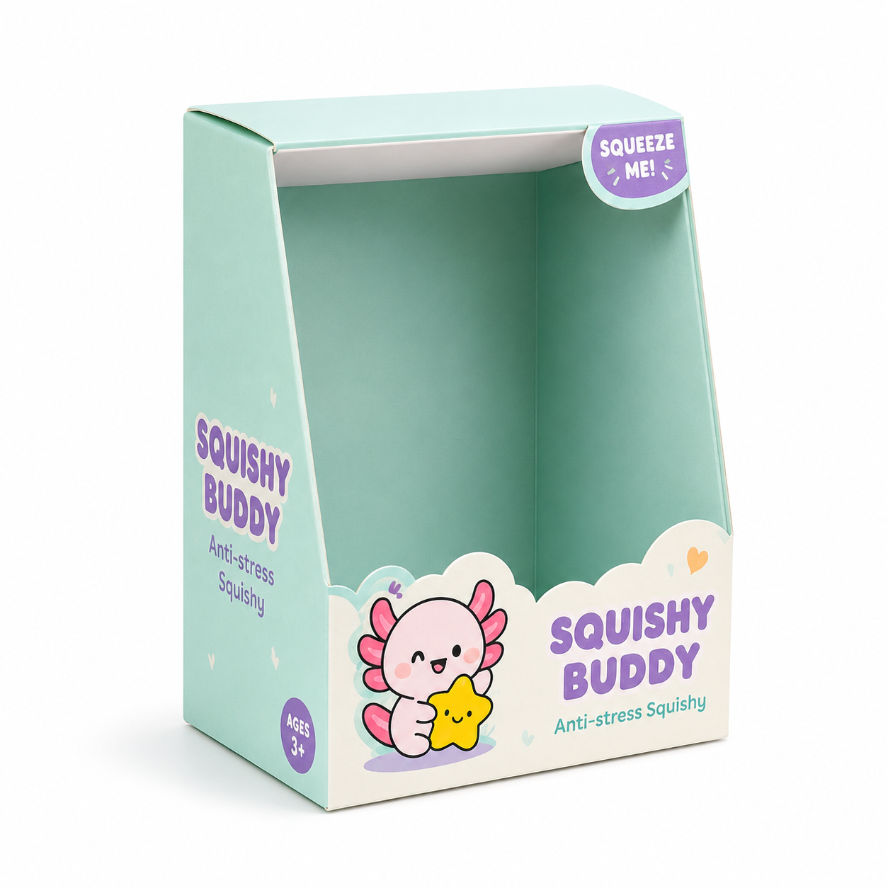 Squishy Buddy Axolotl mint green packaging box empty squeeze me anti-stress squishy ages 3+