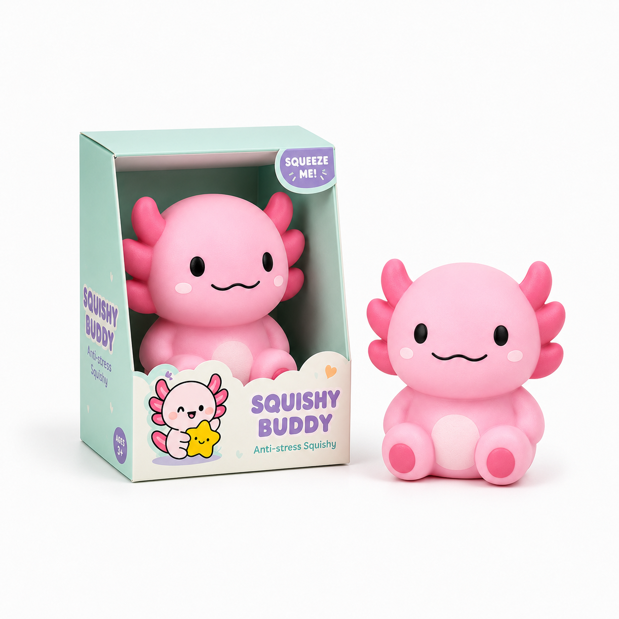 Squishy Buddy Axolotl pink in mint green box with toy outside side angle view squeeze me