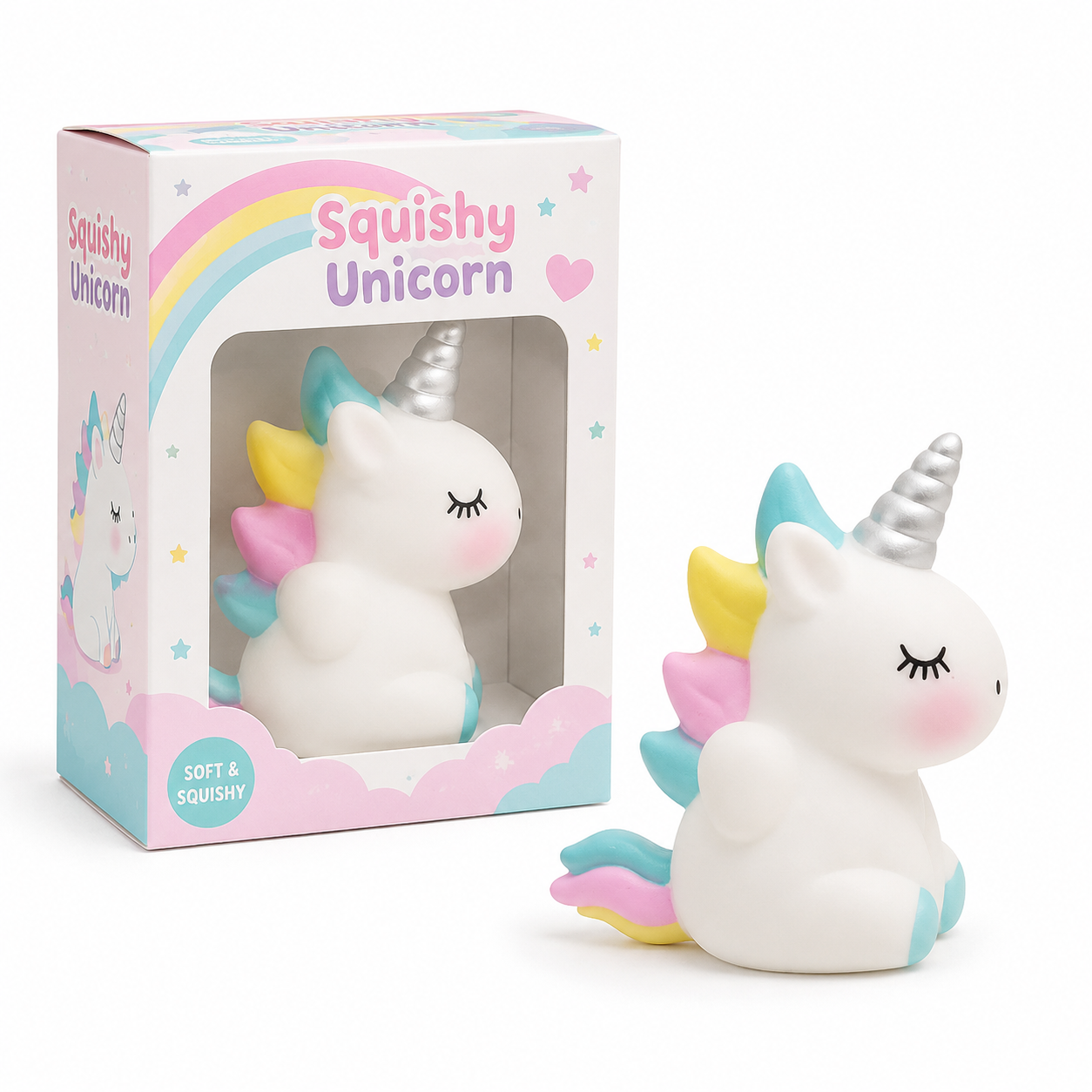 Squishy Unicorn white with rainbow mane in pink packaging box with toy outside front view soft squishy ages 3+