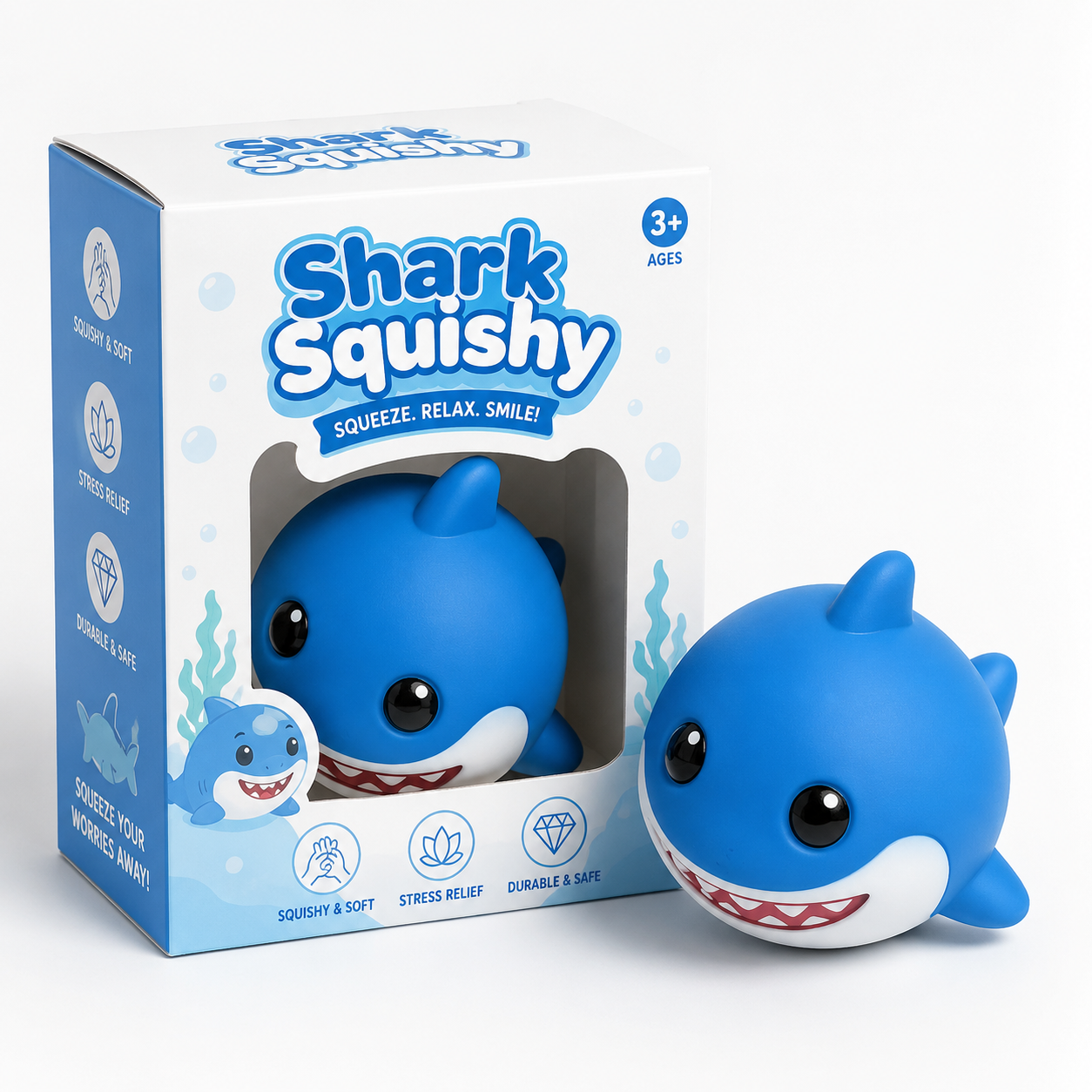 Shark Squishy blue with Shark Squishy packaging box front view squishy soft stress relief durable safe ages 3+