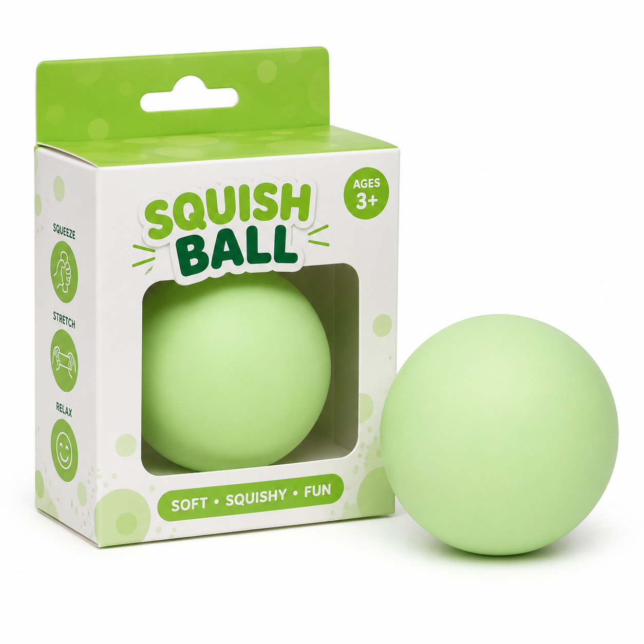 Green Squish Ball with packaging box front view ball inside window squeeze stretch relax ages 3+