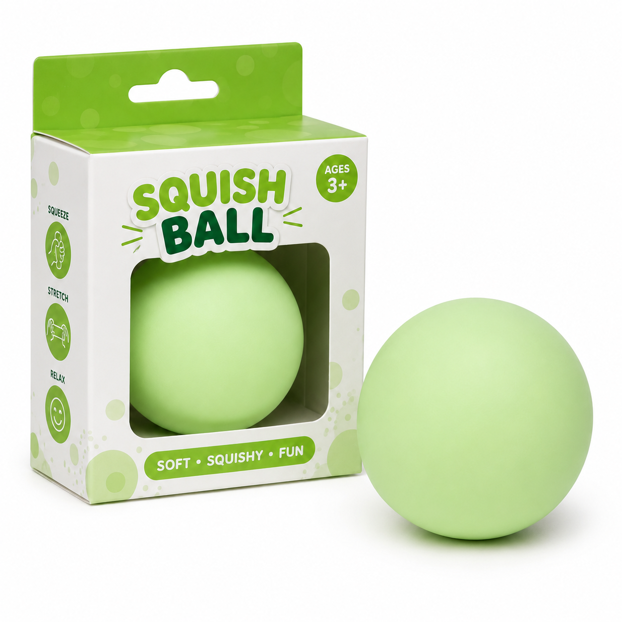 Green Squish Ball with packaging box angle view ball outside squeeze stretch relax soft squishy fun