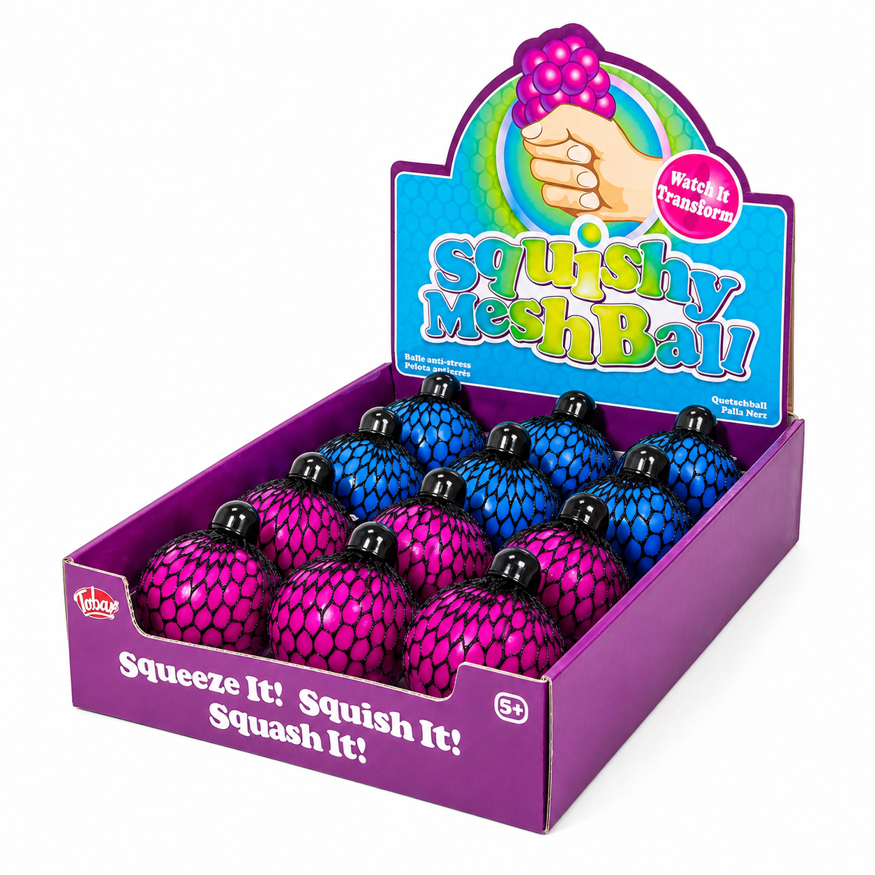Squishy Mesh Ball display box with pink and blue mesh balls Squeeze It Squish It Squash It