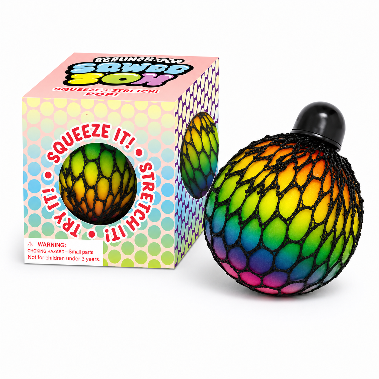 Rainbow Squish Ball colorful rainbow mesh ball with packaging box front view