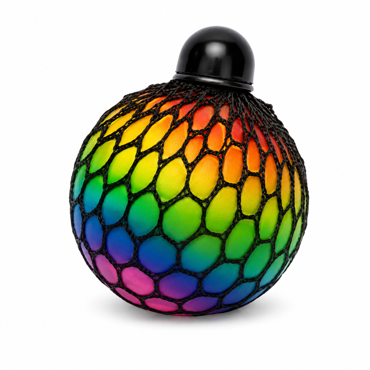Rainbow Squish Ball colorful rainbow mesh ball close up side view