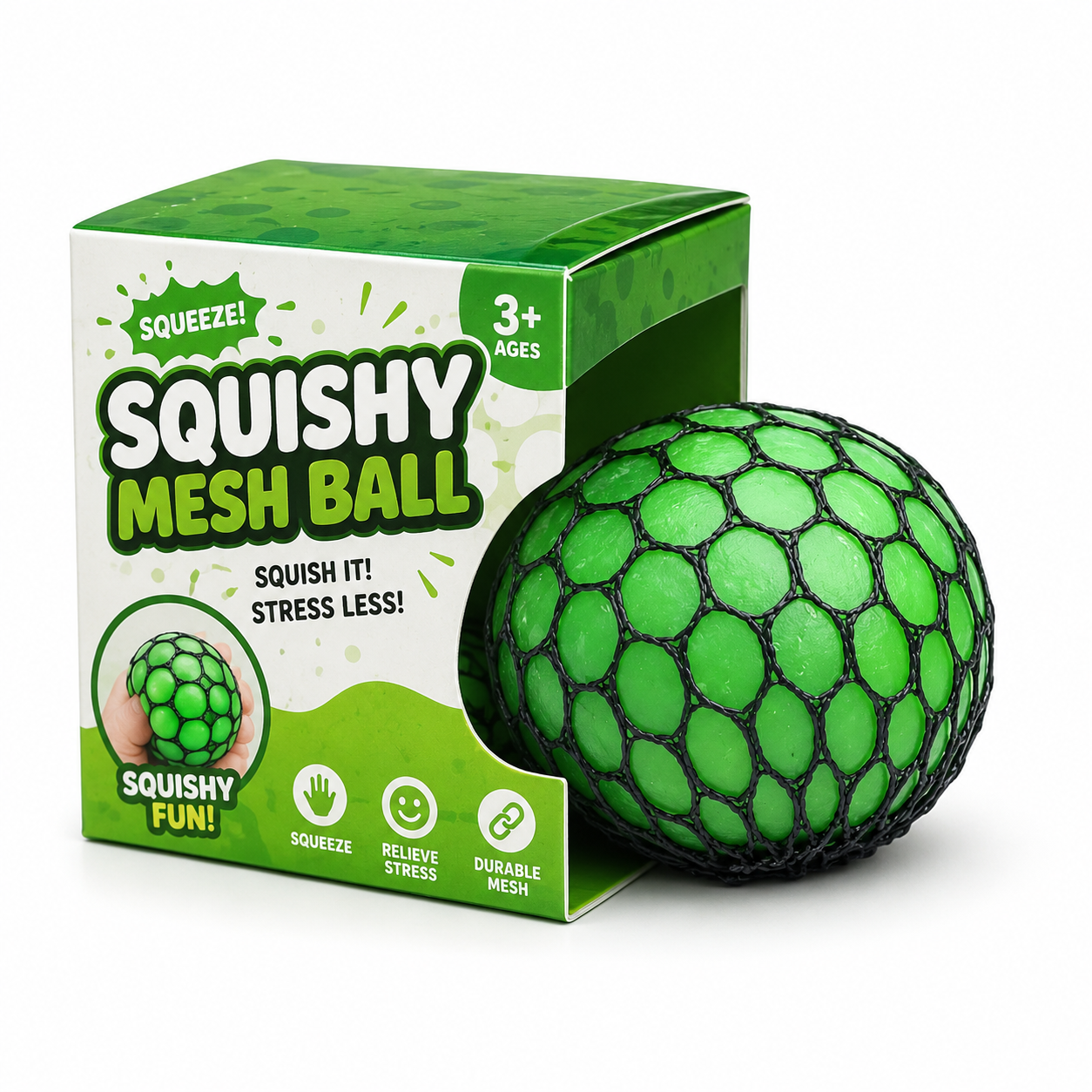 Green Squishy Mesh Ball with green packaging box squish it stress less