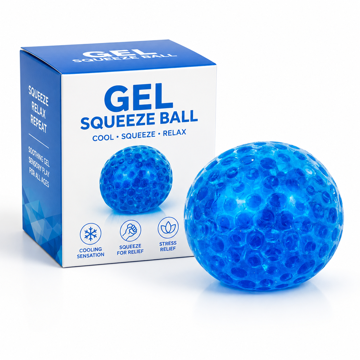 Gel Squeeze Ball blue bumpy texture with white packaging box squeeze relax repeat soothing gel sensory play