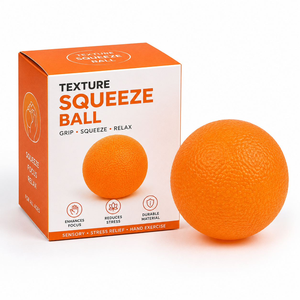 Texture Squeeze Ball orange with white packaging box grip squeeze relax enhances focus reduces stress durable material