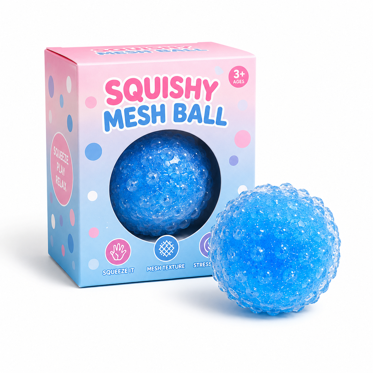 Blue Squishy Mesh Ball next to pink blue packaging box side angle view