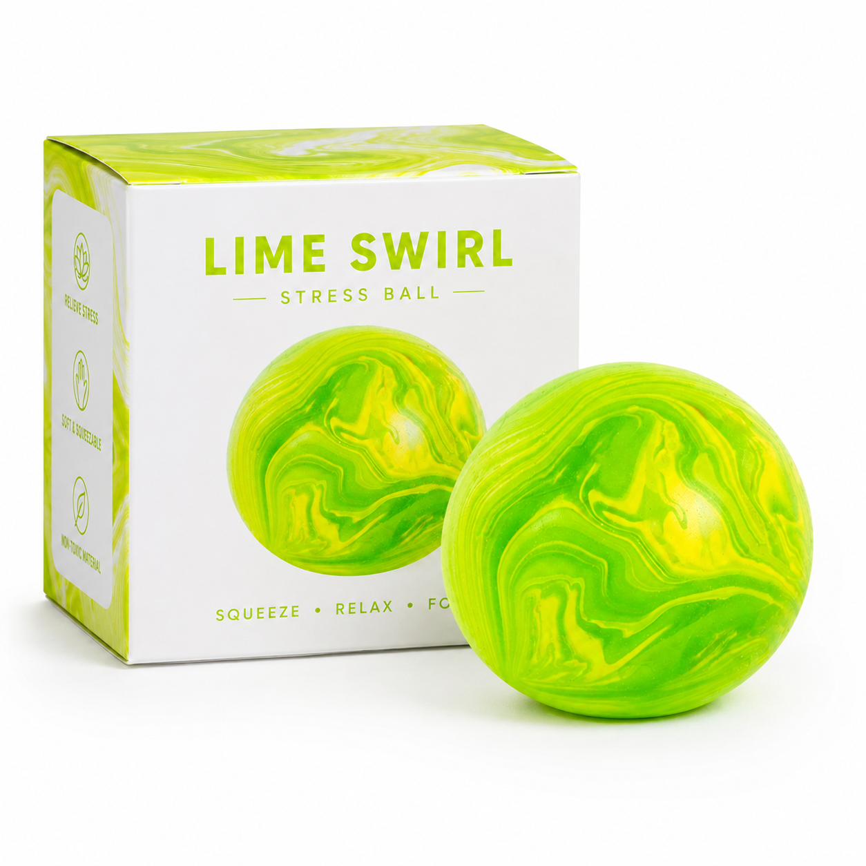 Lime Swirl Stress Ball green yellow swirl with white packaging box angle view relieve stress soft squeezable non-toxic