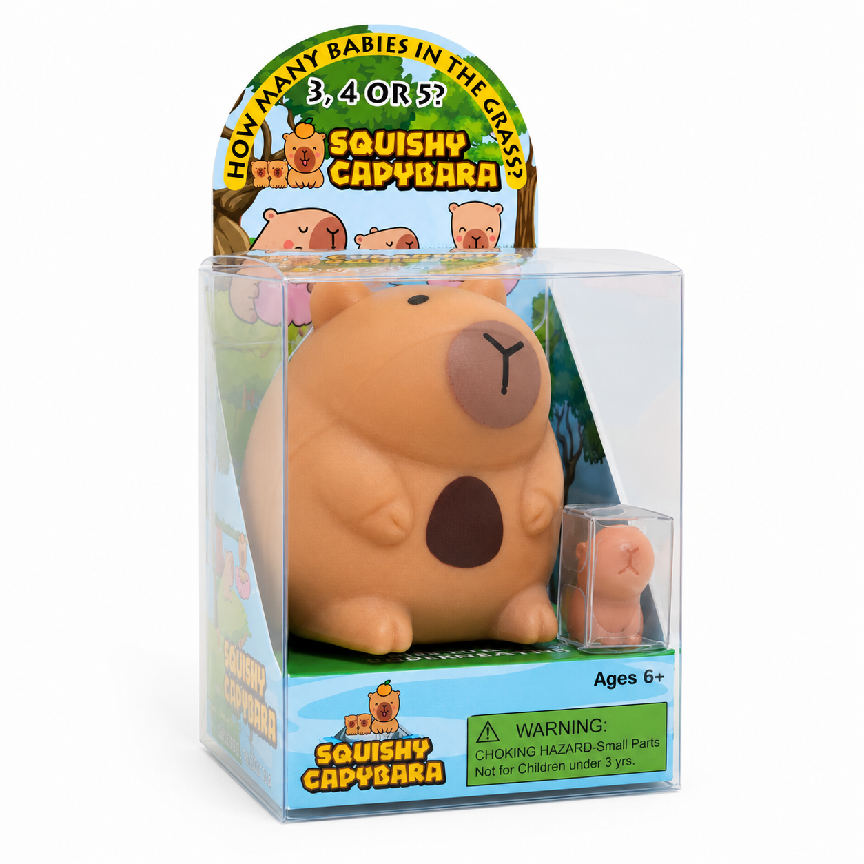 Squishy Capybara mama in clear box packaging front view with baby capybara ages 6+ choking hazard warning