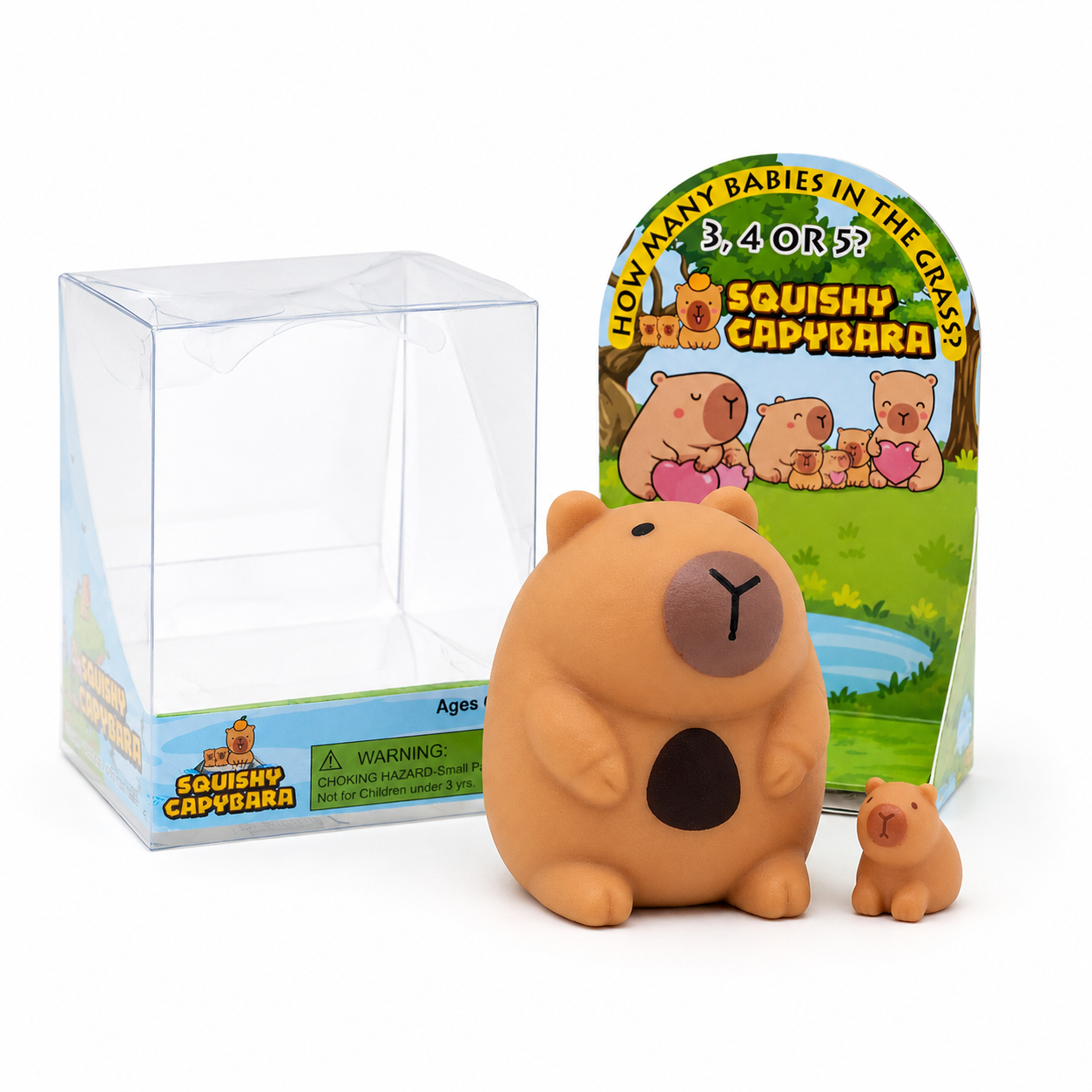 Squishy Capybara mama and baby figurine outside clear box with colorful display card how many babies in the grass