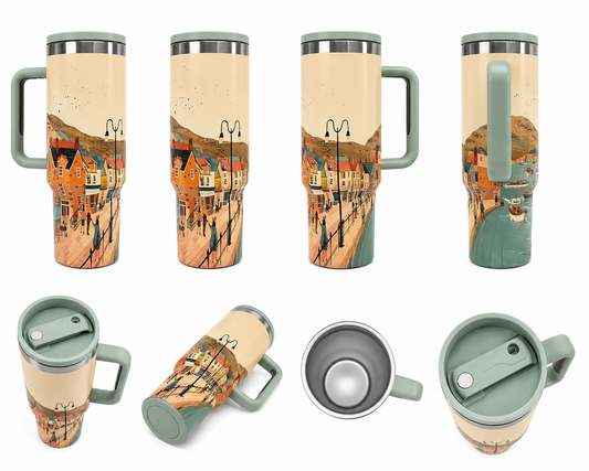 40oz European Village Insulated Tumbler with Handle – Premium Stainless Steel Travel Mug