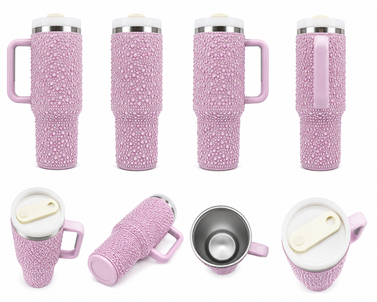 40oz Pink Rhinestone Tumbler with Handle – Luxury Stainless Steel Insulated Travel Mug