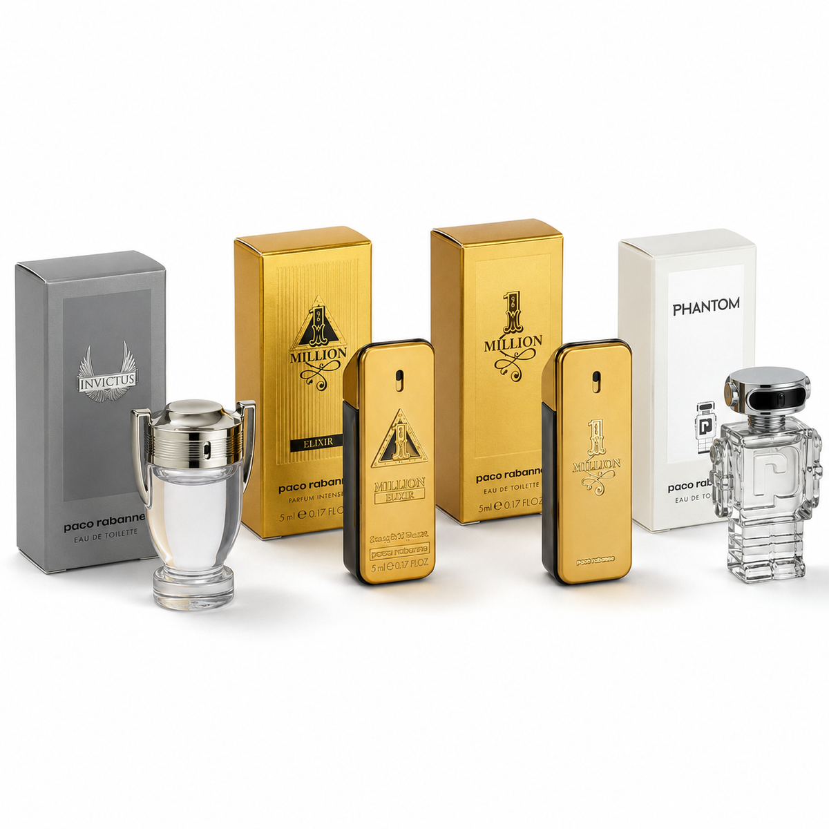 Paco Rabanne Mini Fragrance Gift Set – Invictus, 1 Million EDT, 1 Million Elixir & Phantom 5ml Travel Size