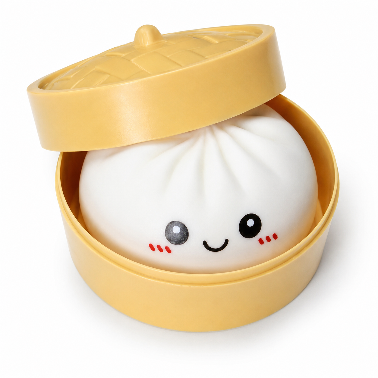 Nee Doh Dimsum Squishy kawaii dumpling in steamer basket angle view