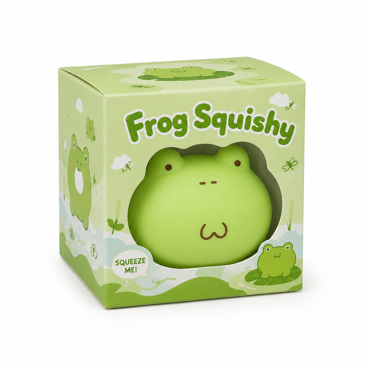 Frog Squishy packaging box angle view with frog on lily pad