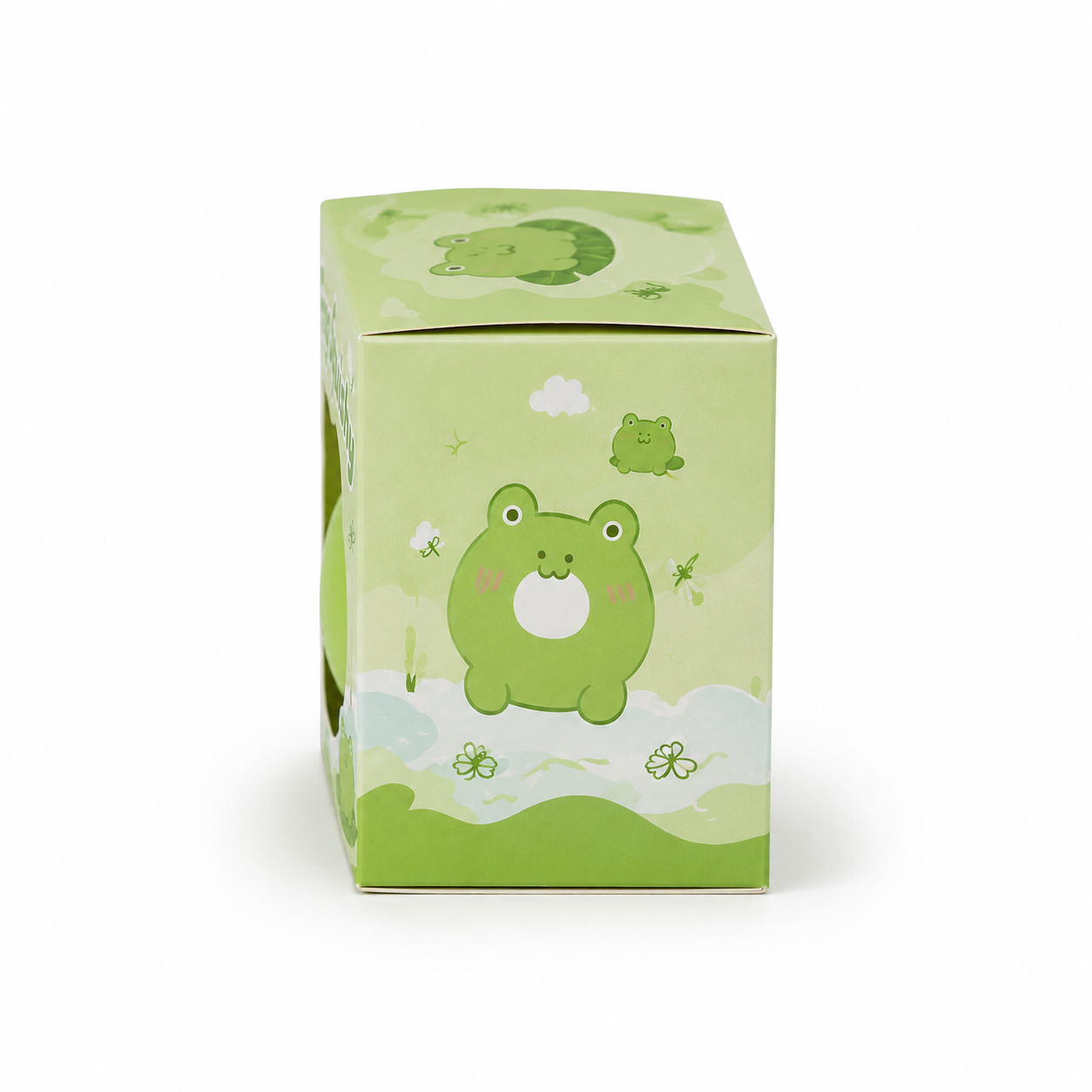 Frog Squishy packaging box side view with kawaii frog illustration