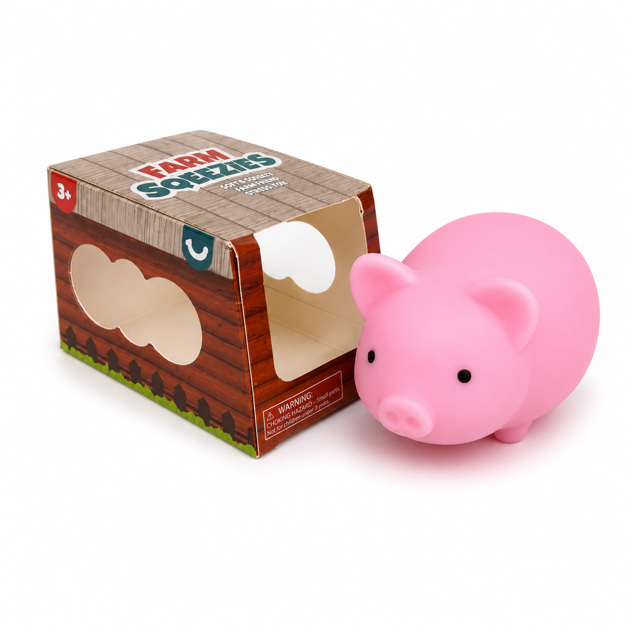 Farm Squeezies Pig pink squishy pig toy with Farm Squeezies packaging box