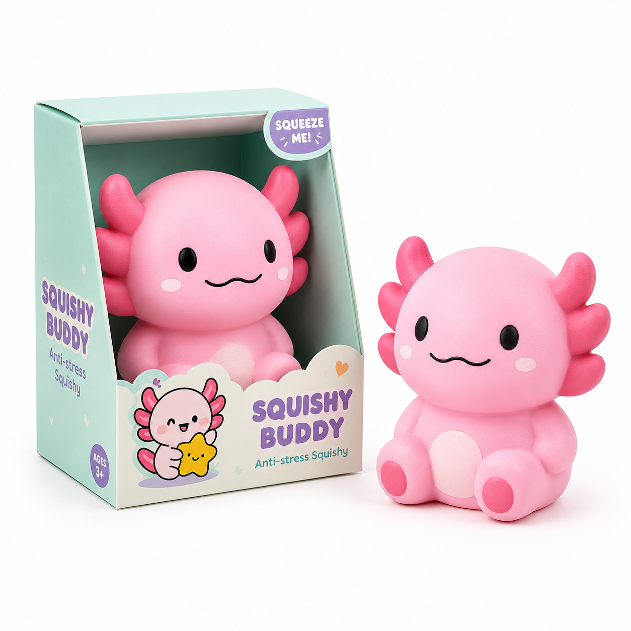 Squishy Buddy Axolotl pink in mint green box with toy outside squeeze me anti-stress squishy ages 3+