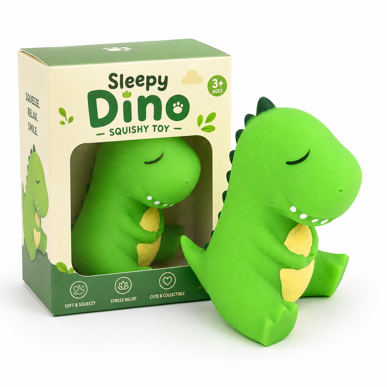 Sleepy Dino Squishy Toy green T-Rex with box and toy outside front angle view squeeze relax smile soft squeezy stress relief ages 3+