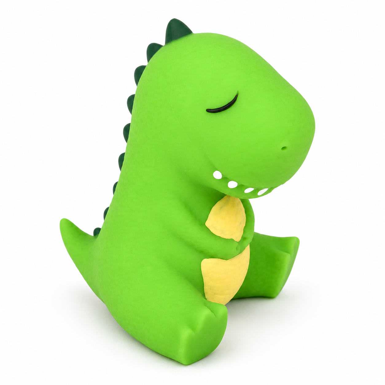 Sleepy Dino Squishy Toy green T-Rex close up side view plain white background soft squeezy cute collectible