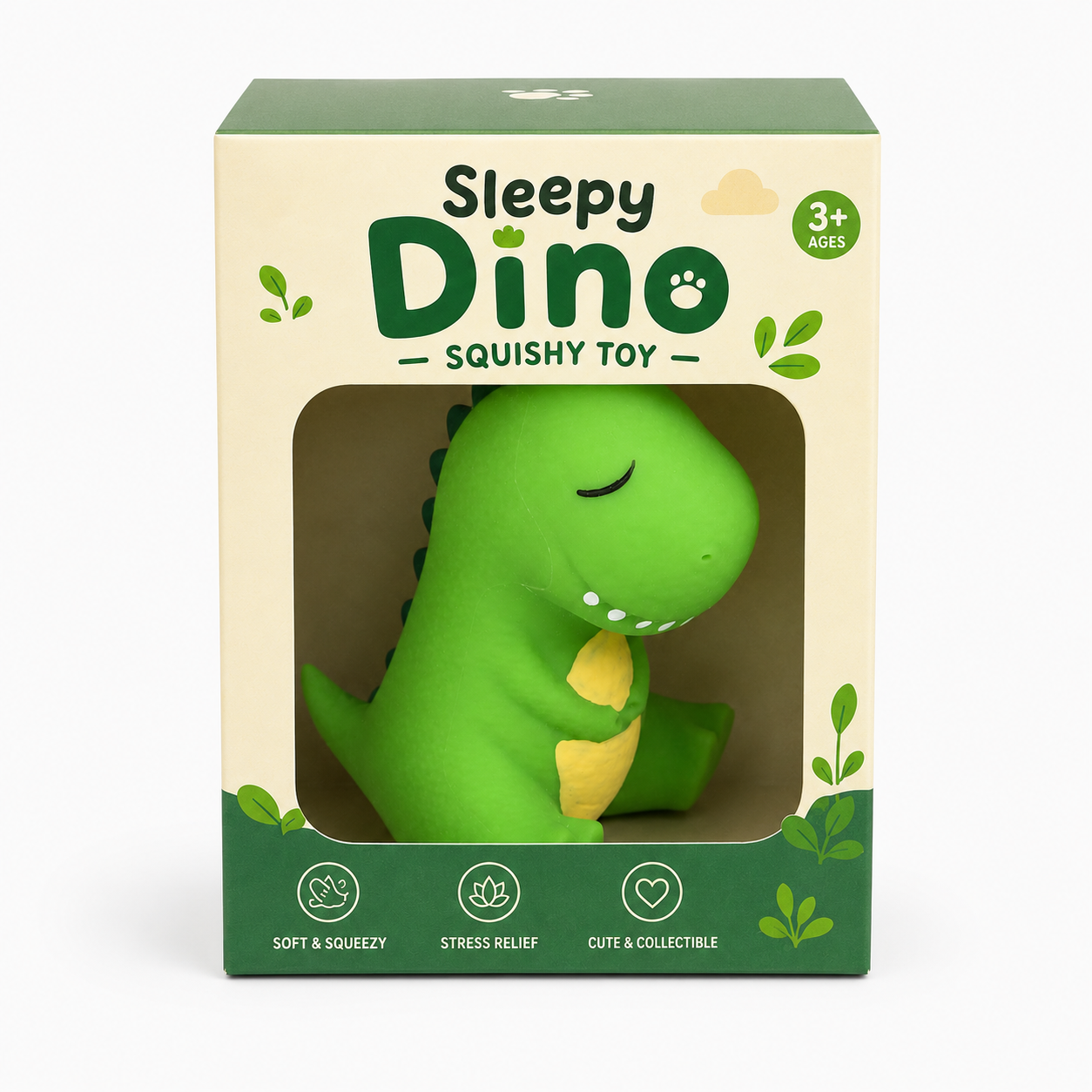 Sleepy Dino Squishy Toy green packaging box front view window soft squeezy stress relief cute collectible ages 3+