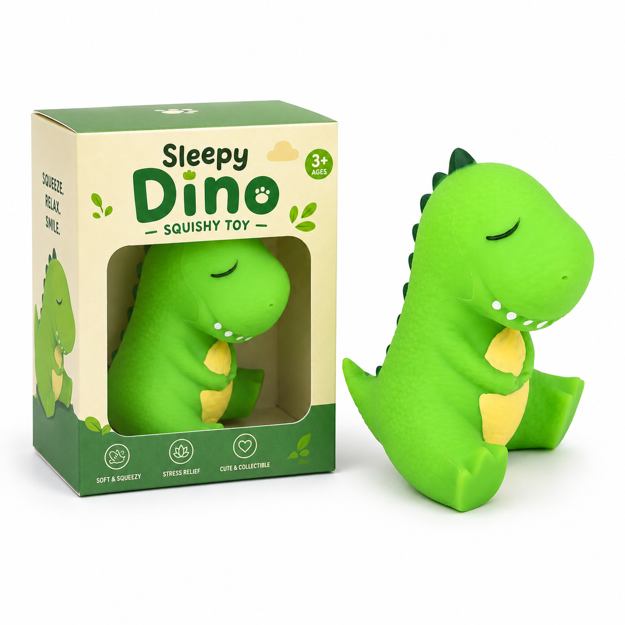 Sleepy Dino Squishy Toy green T-Rex with box and toy outside side angle view squeeze relax smile soft squeezy stress relief ages 3+