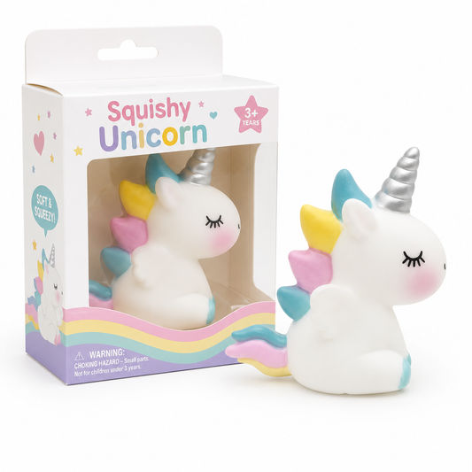 Squishy Unicorn white with rainbow mane next to white packaging box front view plain white background
