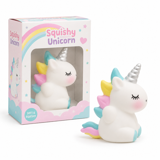 Squishy Unicorn white with rainbow mane in pink packaging box with toy outside front view soft squishy ages 3+