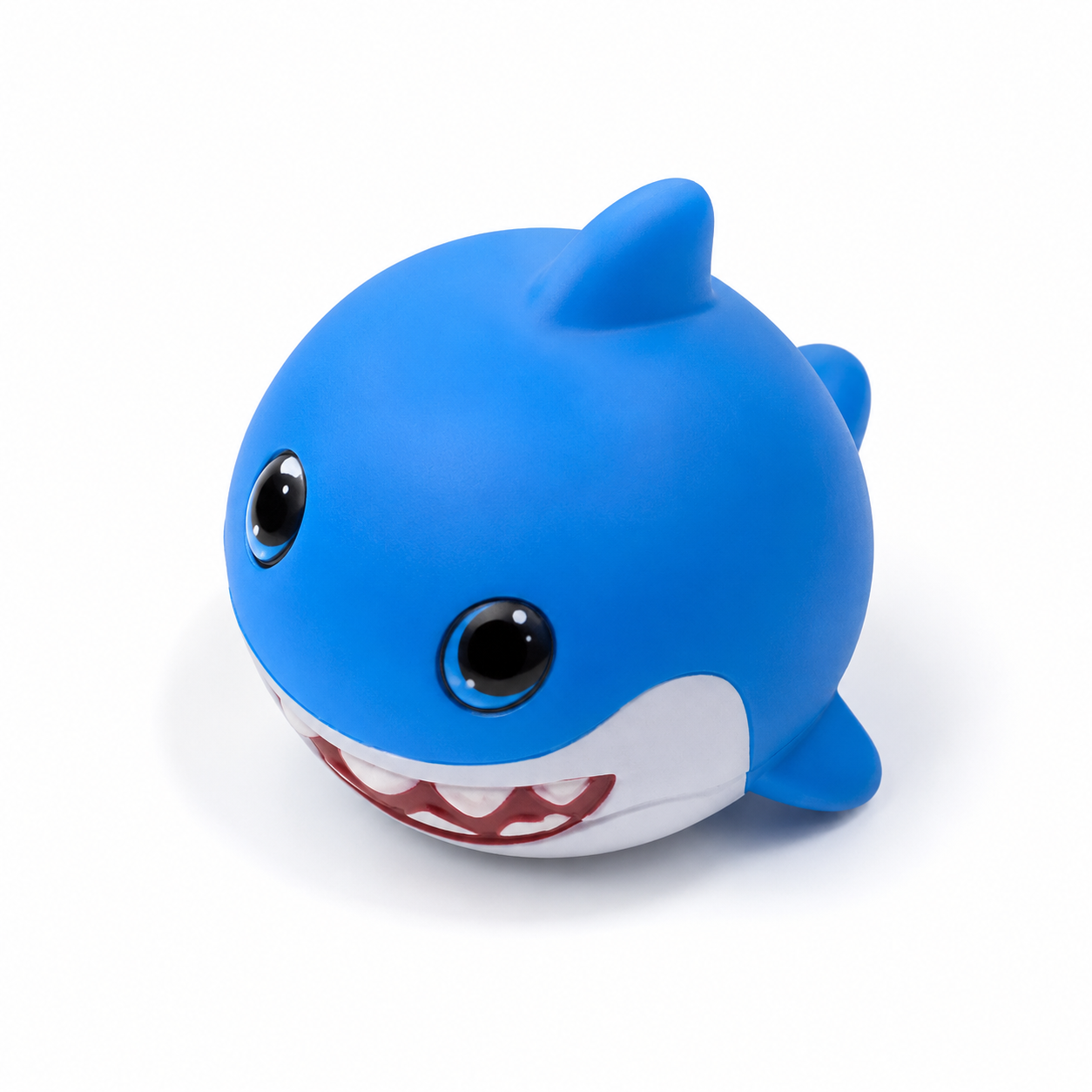 Shark Squishy blue close up front angle view big sparkly eyes cheeky grin plain white background