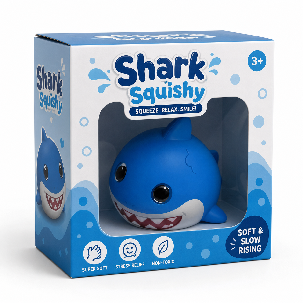 Shark Squishy blue in Shark Squishy window box front view super soft stress relief non-toxic soft slow rising ages 3+