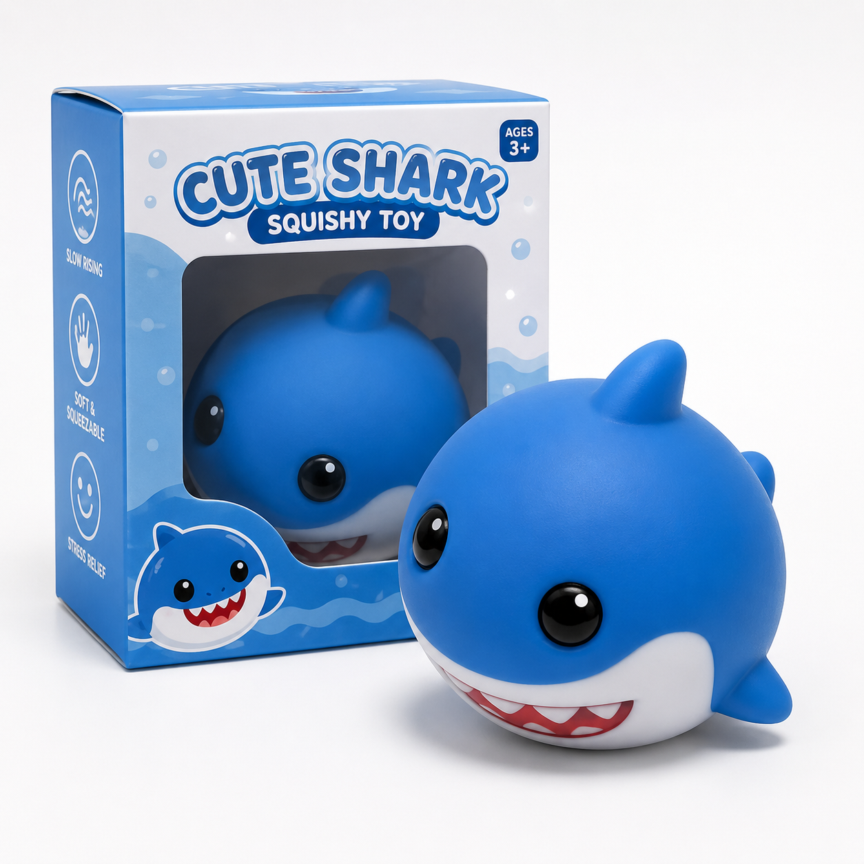 Shark Squishy blue with Cute Shark Squishy Toy packaging box front view slow rising soft squeezable stress relief ages 3+