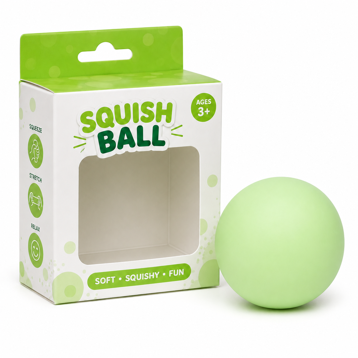 Green Squish Ball with packaging box side view ball outside soft squishy fun ages 3+