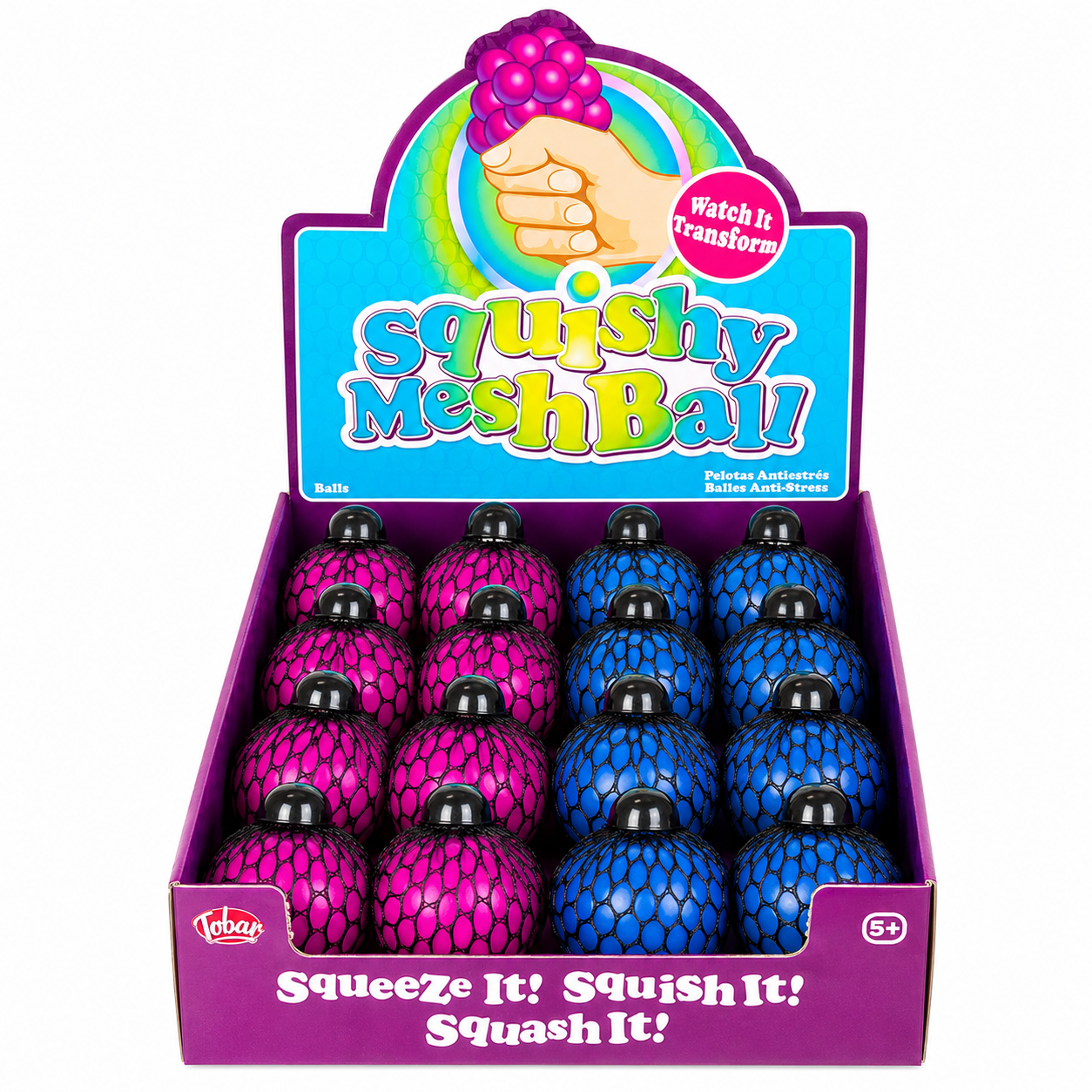 Squishy Mesh Ball full display box with 16 pink and blue mesh balls Tobar