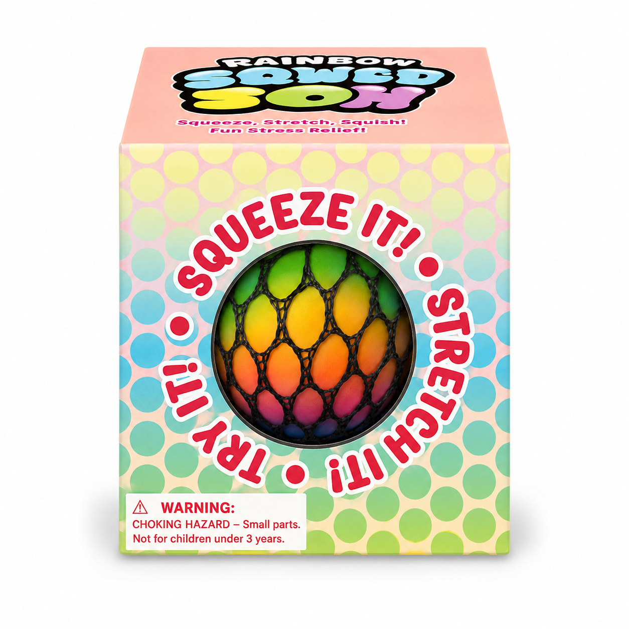 Rainbow Squish Ball packaging box front view window squeeze it stretch it