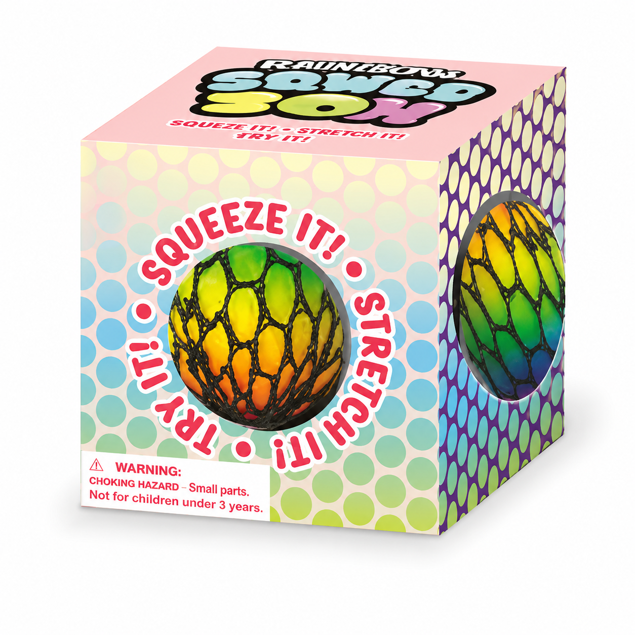 Rainbow Squish Ball packaging box angle view squeeze it stretch it try it