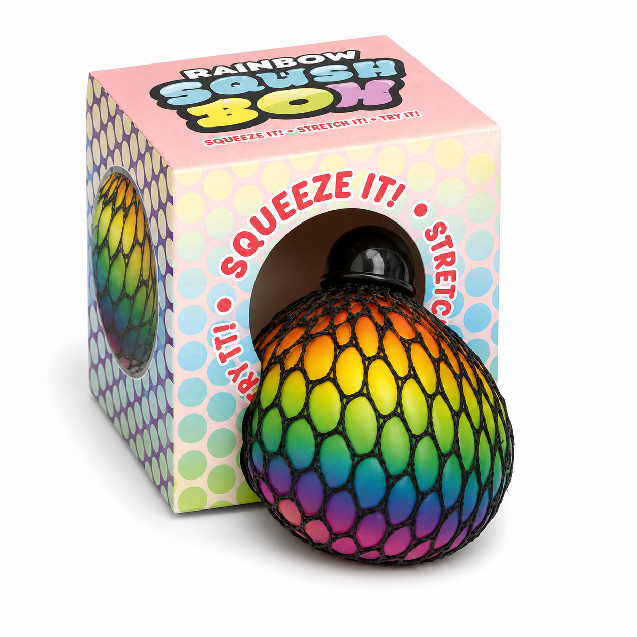 Rainbow Squish Ball rainbow mesh ball next to packaging box angle view