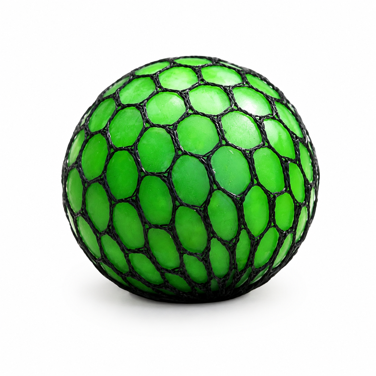 Green Squishy Mesh Ball close up front view black mesh net