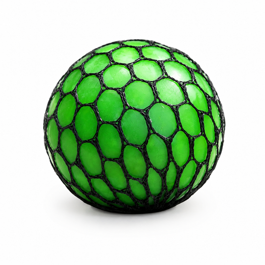 Green Squishy Mesh Ball close up front view black mesh net