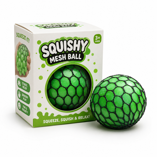 Green Squishy Mesh Ball with white packaging box stress relief sensory play