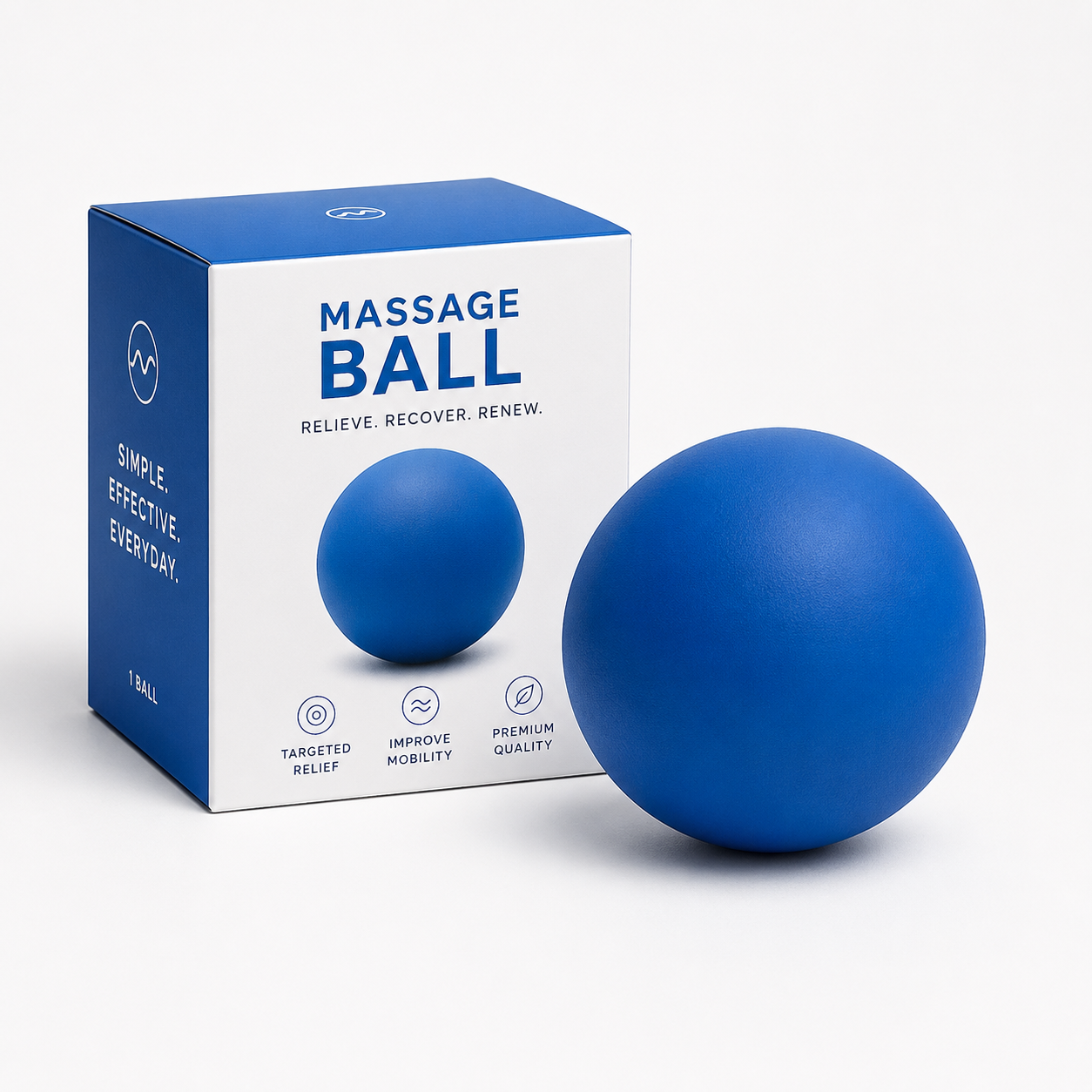 Massage Ball blue with packaging box front view relieve recover renew