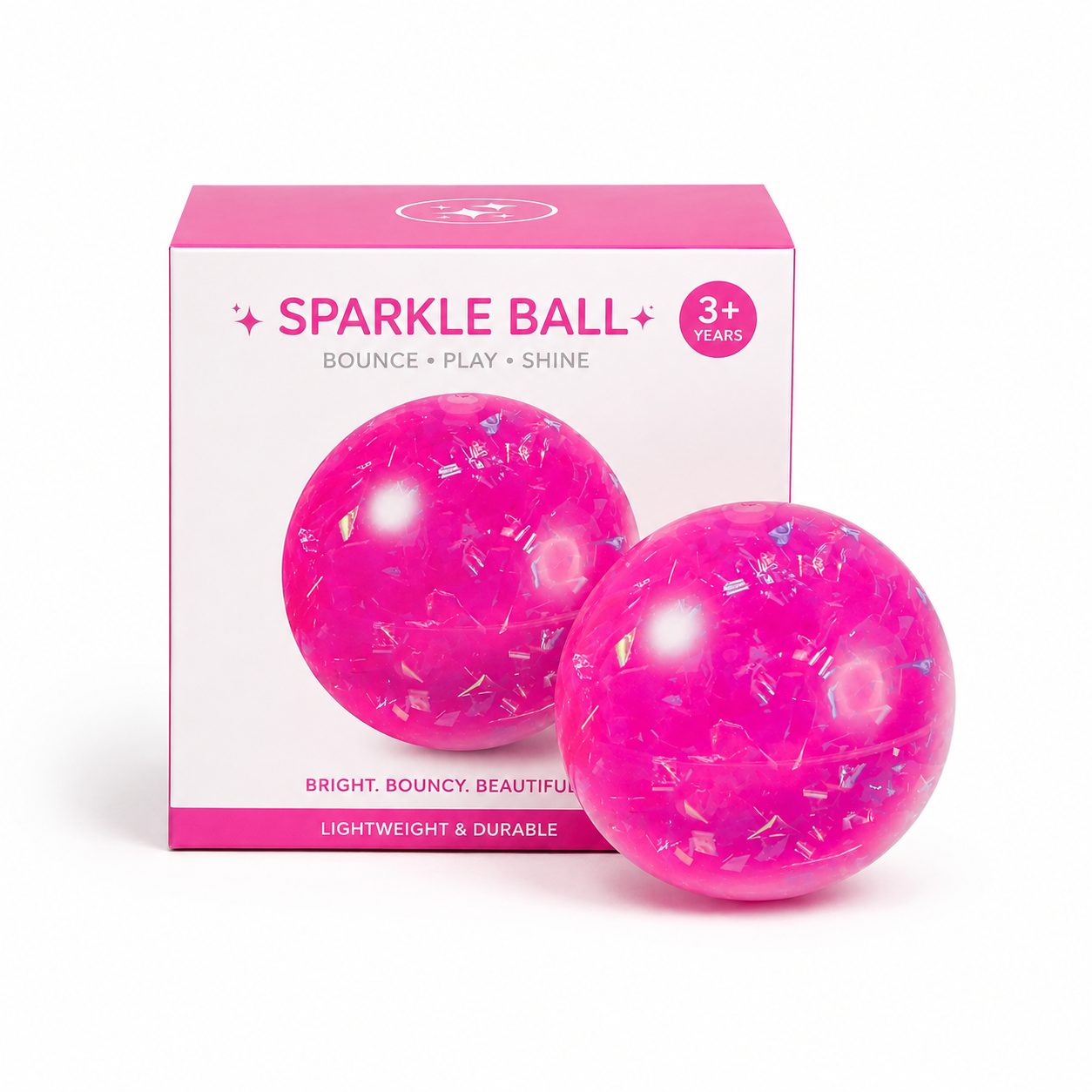Sparkle Ball hot pink with packaging box front view two balls bright bouncy beautiful