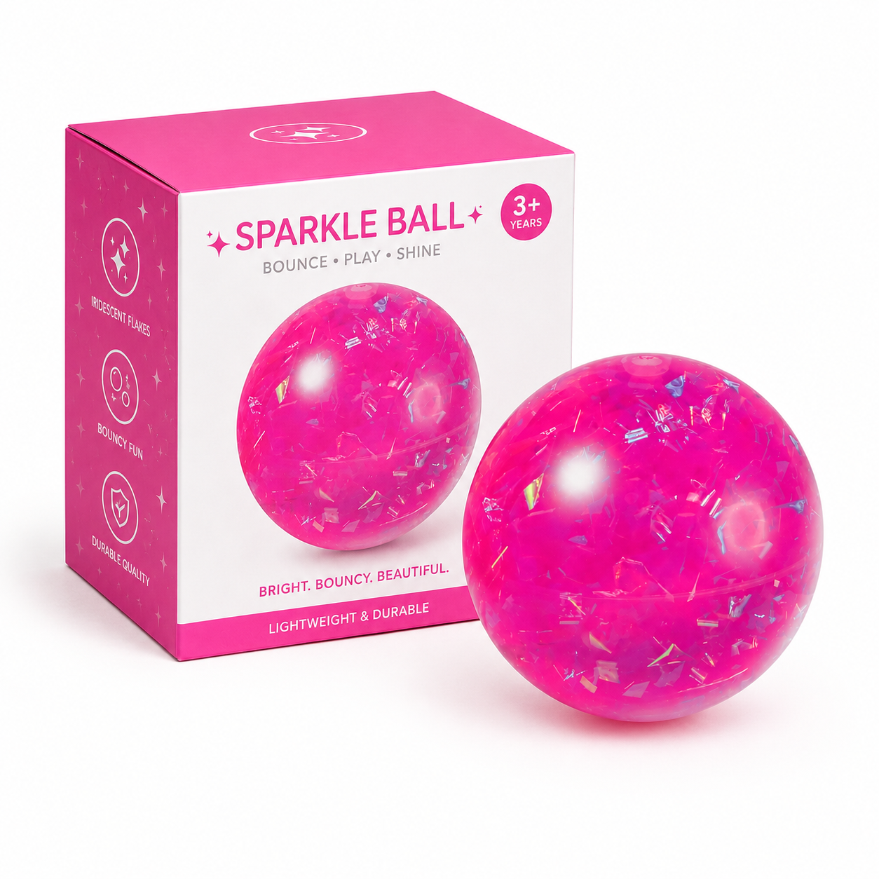 Sparkle Ball hot pink with packaging box side angle view iridescent flakes bouncy fun durable quality