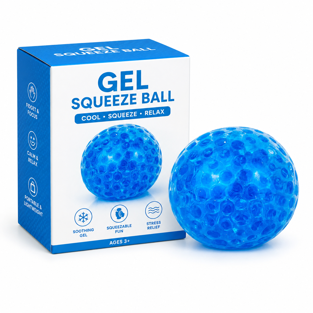 Gel Squeeze Ball blue bumpy texture with blue packaging box fidget focus calm relax portable