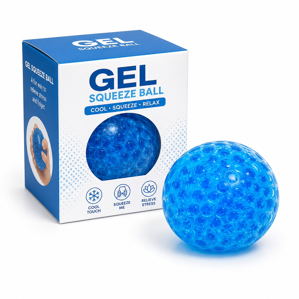 Gel Squeeze Ball blue bumpy texture with white packaging box cool touch squeeze me relieve stress