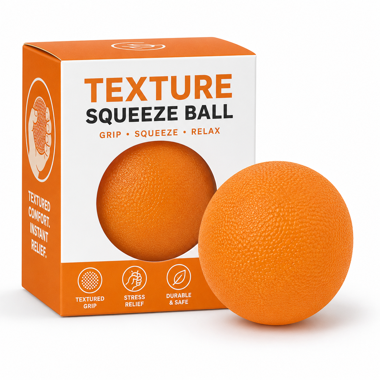 Texture Squeeze Ball orange with orange packaging box textured grip stress relief durable safe textured comfort instant relief