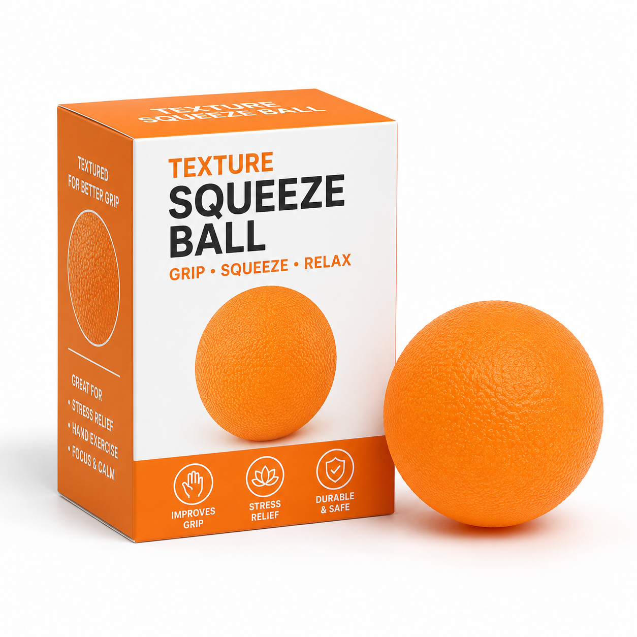 Texture Squeeze Ball orange with orange packaging box improves grip stress relief durable safe textured for better grip